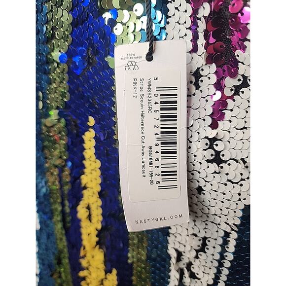 NWT Nasty Gal Stripe Sequin Halterneck Cut Out Jumpsuit Size 8 - Picture 7 of 8